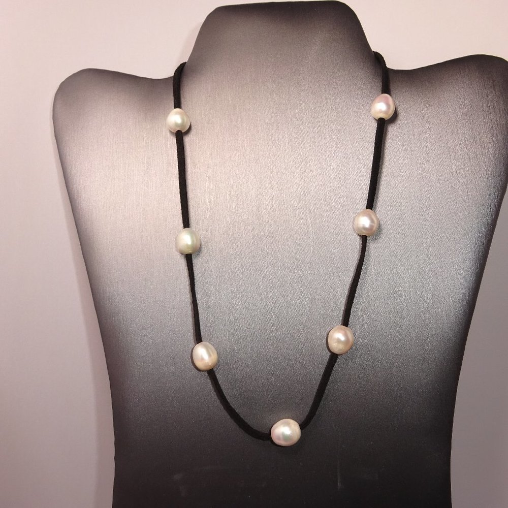 White Baroque Pearls on Black Felt Rope Necklace